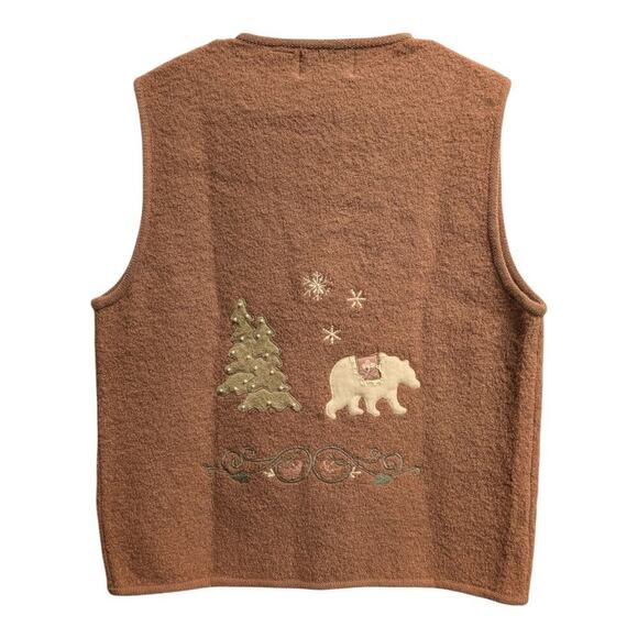 Vtg Sharon Young Wool Women Lg Vest Holiday Christmas Winter Brown Polar Bear - Picture 2 of 5